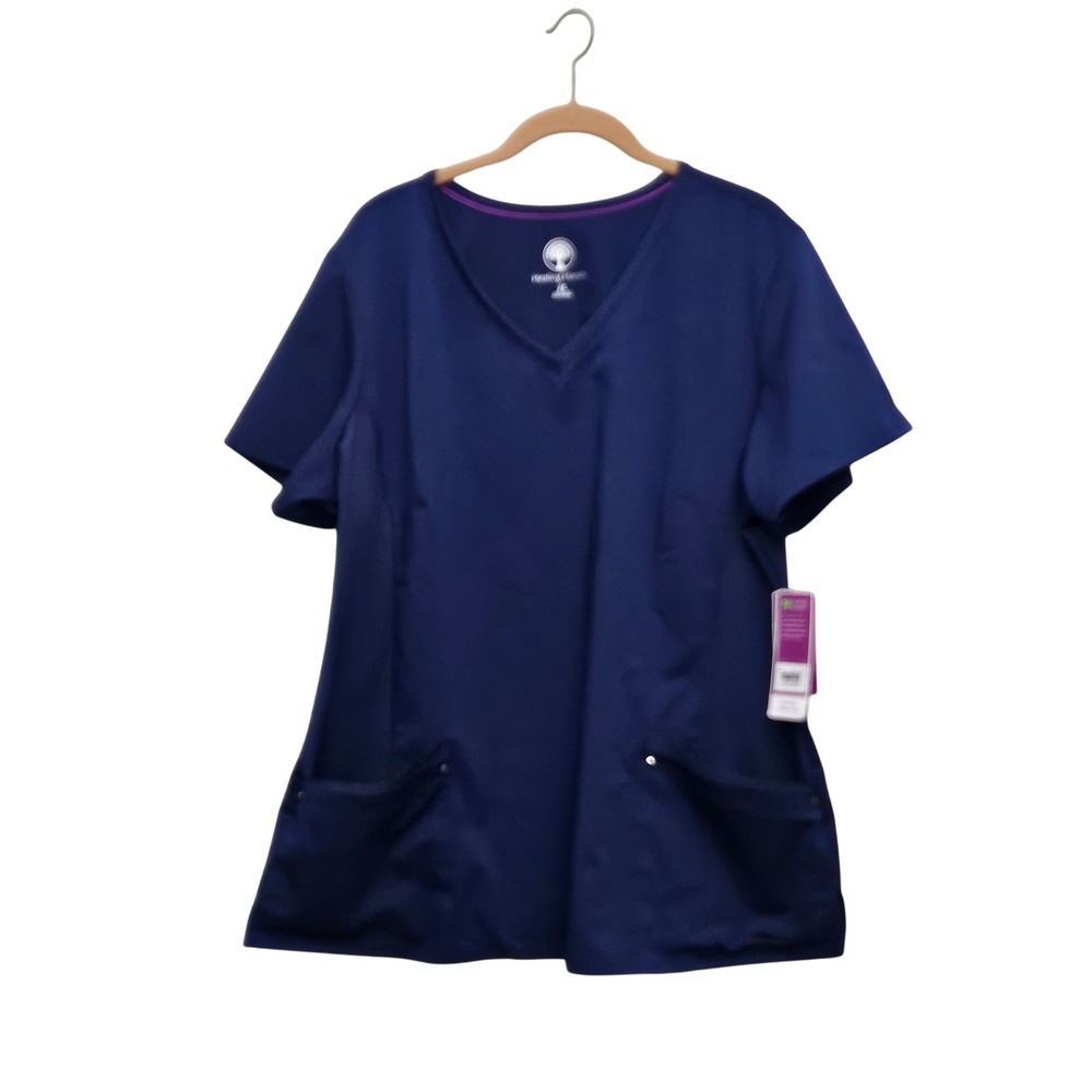 Healing Hands Scrub Top Womens 2X Navy Juliet Yoga Knit V-Neck Stretch Uniform